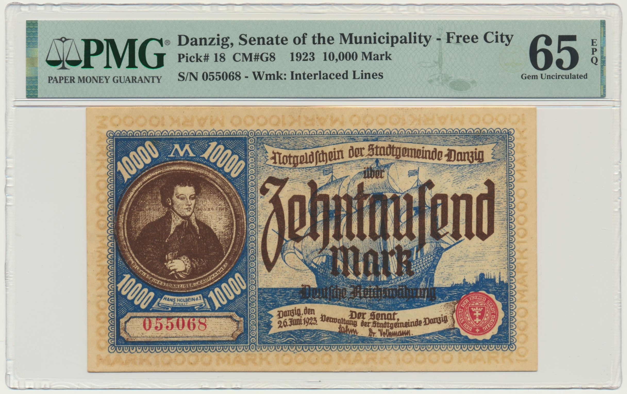 Gdańsk, Banknot 10.000 marek 1923 – PMG 65 EPQ