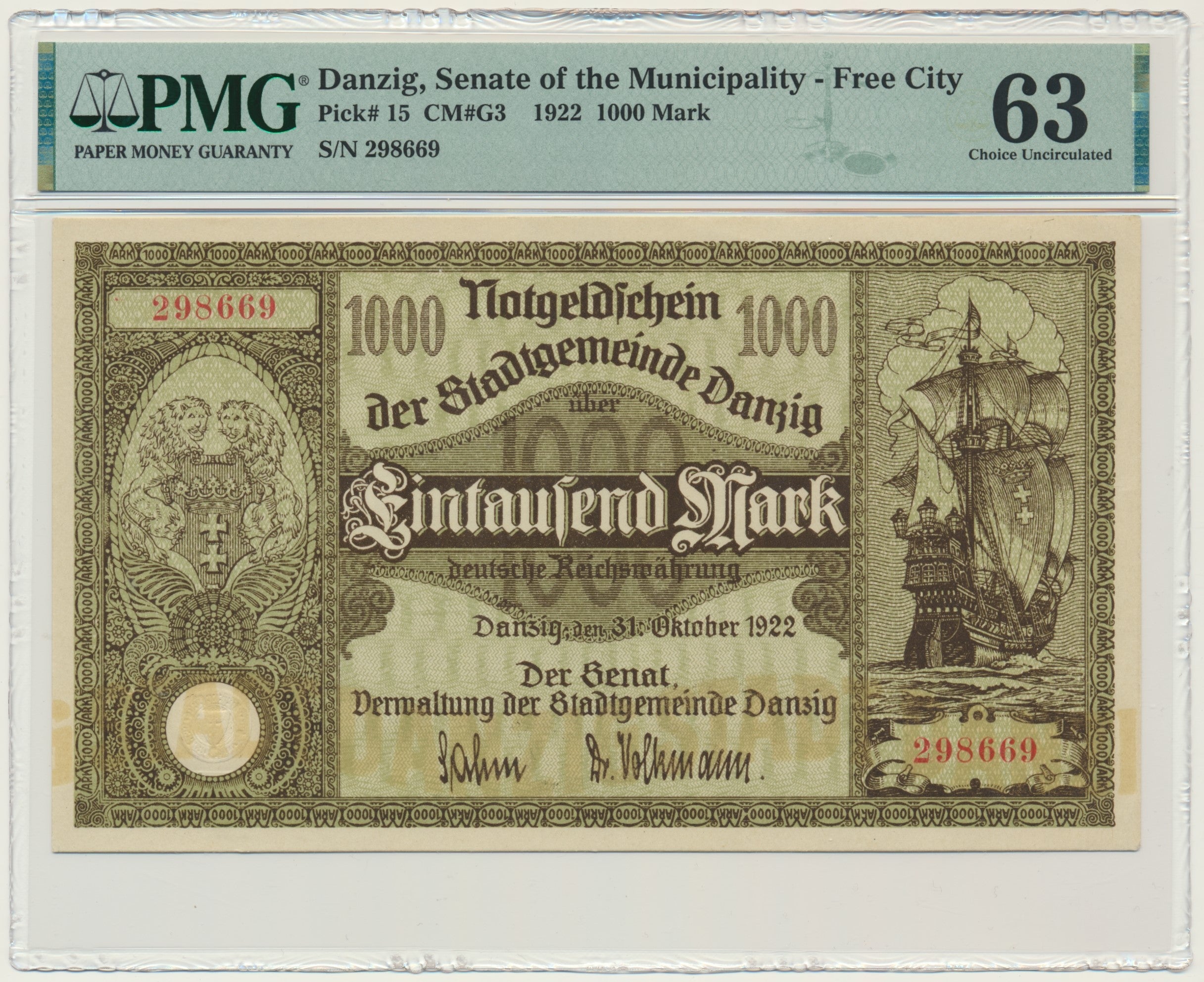 Gdańsk, Banknot 1.000 marek 1922 – PMG 63