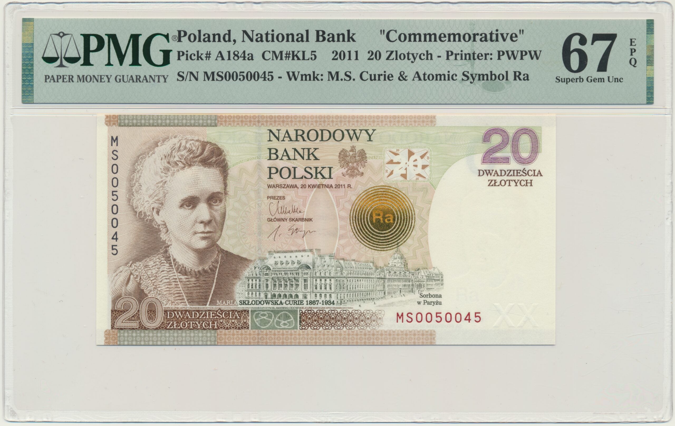 Banknot 20 złotych 2011 – Maria Skłodowska Curie – PMG 67 EPQ