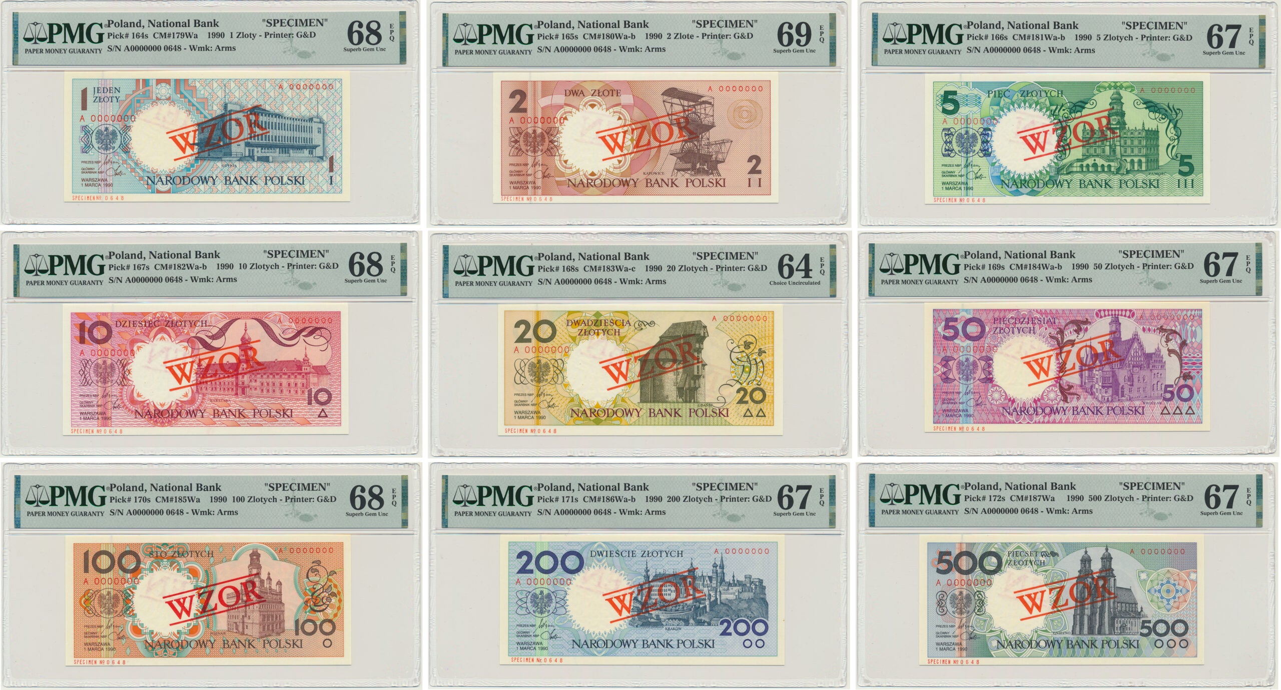 Komplet Miasta Polski z nadrukiem WZÓR/SPECIMEN No 0648 (9szt.) – PMG 64-69 EPQ